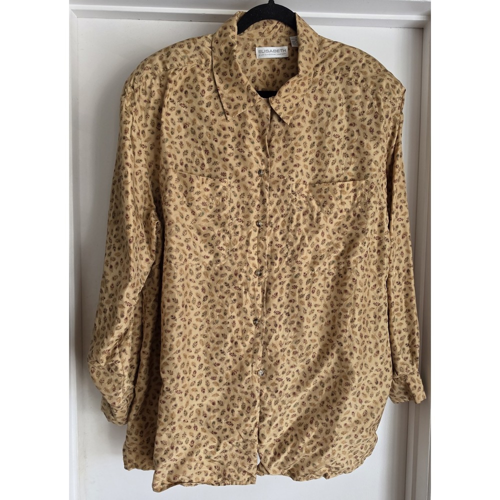 Elisabeth Silk Button-Down Shirt Sz 20 Women Tan Brown Feather Collared Top VTG